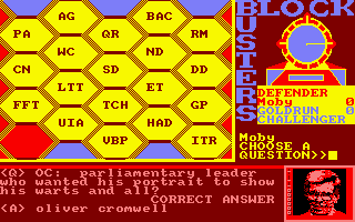 Blockbusters (Amstrad CPC) screenshot: In the Gold Run the answers are names or phrases...