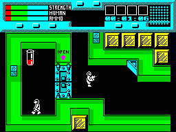 Rescue (ZX Spectrum) screenshot: This scientist is awake and running round. Open the door, pick up his experiment, then guide him to the spaceship