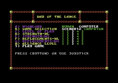 War of the Lance (Commodore 64) screenshot: Gameplay options