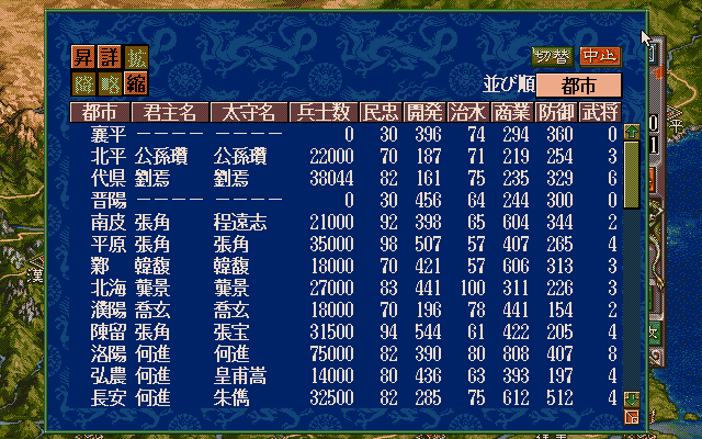 Sangokushi V (PC-98) screenshot: List of countries