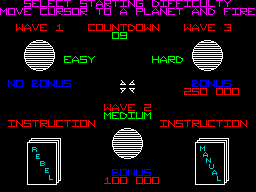 Star Wars: The Empire Strikes Back (ZX Spectrum) screenshot: The in-game menu. The player moves the cursor to select the difficulty, and see instructions etc.