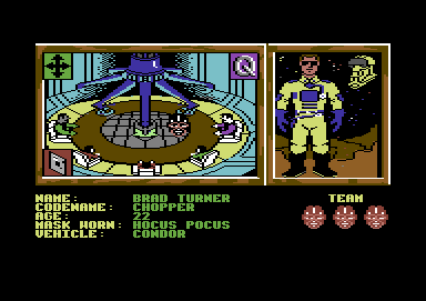 MASK Two Two (Commodore 64) screenshot: Viewing a description of an available character