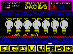 Star Wars: Droids (ZX Spectrum) screenshot: Enabling sound is recommended here because the same note can be played twice in succession. The puzzle can be repeated as often as necessary