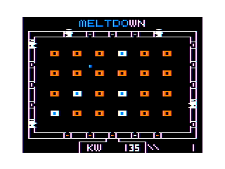 Reactoid (TRS-80 CoCo) screenshot: Some particles deflected - only 2 letters left then meltdown