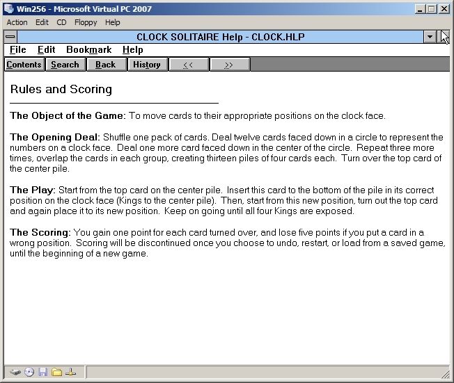 Solitaire King: Clock Solitaire (Windows 3.x) screenshot: There's a good description of the game in the help file. This can be accessed via the menu bar. It opens in a new wndow