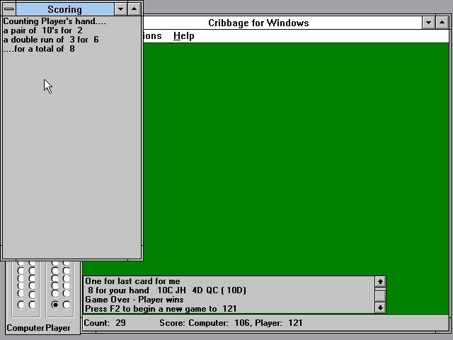 Cribbage for Windows (Windows 3.x) screenshot: here the main game area has been resized and the 'Verbose Scoring' option has been turned on. This explains in detail how a hand has been scored