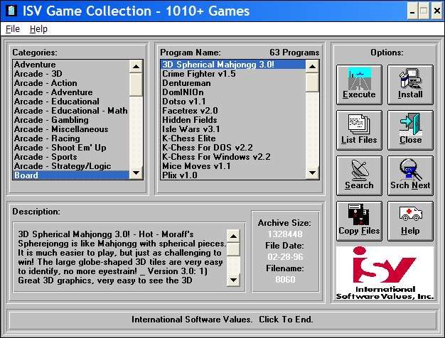 10 Tons of Games: Mega Collection 1 (Windows) screenshot: When the compilation CD is loaded the RomCat menu displays automatically. A brief description of each game, together with the folder id is displayed.