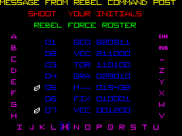 Star Wars: The Empire Strikes Back (ZX Spectrum) screenshot: Entering a name on the high score table. The player positions the cursor over the letter and fires to input their initials