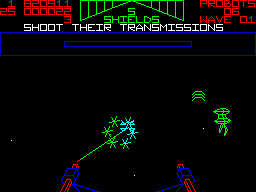 Star Wars: The Empire Strikes Back (ZX Spectrum) screenshot: In the first wave the instructions are 'Shoot their transmissions', 'Shoot the fireballs'