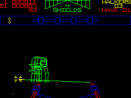 Star Wars: The Empire Strikes Back (ZX Spectrum) screenshot: Suddenly from shooting probots in space I'm shooting walkers.