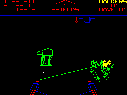 Star Wars: The Empire Strikes Back (ZX Spectrum) screenshot: Aaaaah! I've been shooting the big things and its the little ones I should be going for. No wonder my shields are shot to bits!