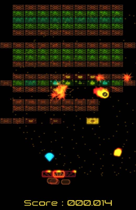 Blocus (Android) screenshot: Bricks cause colourful explosions when they disappear.