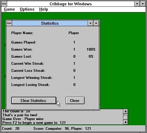 Cribbage for Windows (Windows 3.x) screenshot: The game keeps statistics on wins / losses.