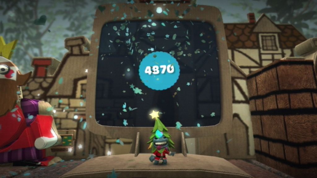 LittleBigPlanet (PlayStation 3) screenshot: When you reach the end of a level, your score will be shown, along with any prizes you've won