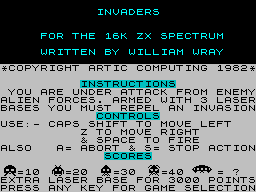 Invaders (ZX Spectrum) screenshot: Instructions