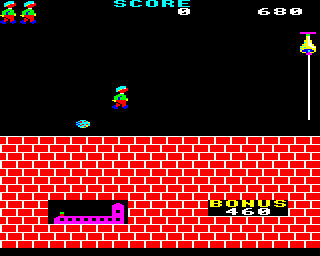 Hunchback (BBC Micro) screenshot: Level one. Nothing to do here but jump over a ball and ring the bell.