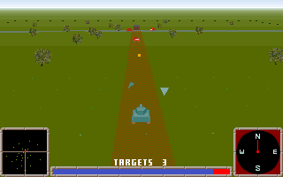 Annihilator Tank (DOS) screenshot: An early level in which three enemy tanks attack from the cross roads. Only one comes down the road and thai one is slightly out of the line of fire. Here its just hit my tank - hence the flying debri