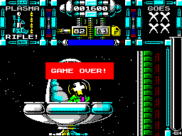Dan Dare III: The Escape (ZX Spectrum) screenshot: Miss a few more and its Game Over. From here the game returns to the second game controller menu