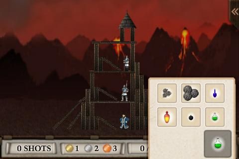 Crush the Castle (iPhone) screenshot: Types of ammunition now includes foul acid potion