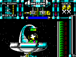 Dan Dare III: The Escape (ZX Spectrum) screenshot: Miss a few hoops and the teleport fails taking Dan back to the teleporter and costing a life.