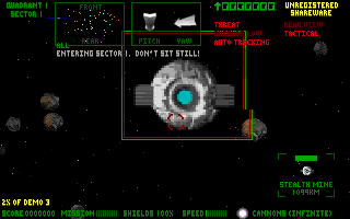 Astro3D (DOS) screenshot: This is a stealth mine. There's a lot of these about. They seem to dodge energy blasts and sneak up on Sed's blind side