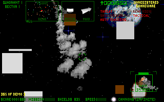 Astro3D (DOS) screenshot: The squares are pieces of debris and the blobby bits are missile trails. This looks much better in the game than a still shot like this.