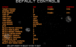 Astro3D (DOS) screenshot: Default controls are well documented and action keys can be redefined