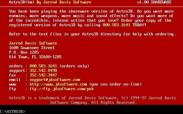 Astro3D (DOS) screenshot: Shareware order info