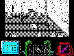 Vendetta (ZX Spectrum) screenshot: Inside the building. Just taken a gun from the wall