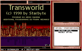 Transworld (DOS) screenshot: Starting a new game