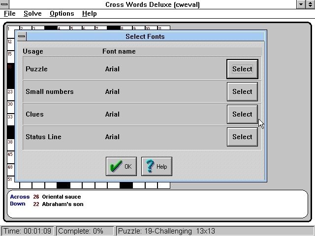 Cross Words Deluxe (Windows 16-bit) screenshot: The player can set the font of different parts of the puzzle