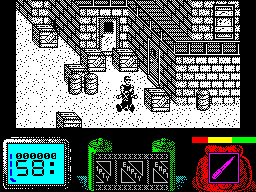 Vendetta (ZX Spectrum) screenshot: Switched to using a knife The count is now 58 which means two bad guys taken of - and another one has just fallen