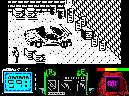 Vendetta (ZX Spectrum) screenshot: three screens to the right : as far as he can go. Nice car, can't seem to use it, guess He needs keys