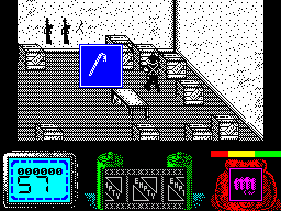Vendetta (ZX Spectrum) screenshot: Items can be picked up. This will show in the inventory later, represented by the roll of film on the lower centre part of the screen