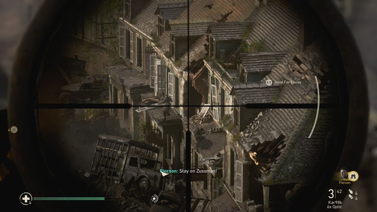 Call of Duty: WWII (PlayStation 4) screenshot: Providing cover sniper fire for your men on the ground