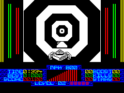S.T.U.N. Runner (ZX Spectrum) screenshot: Dead ahead is a pad, these boost speed from 800 mph to 900 mph