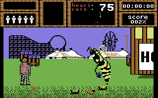 Weird Dreams (Commodore 64) screenshot: Level 2: Encounter a giant wasp at the amusement park. I hope you have collected enough sugar in the previous level!