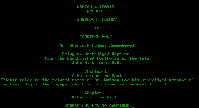 Sherlock Holmes in "Another Bow" (PC Booter) screenshot: Title screen (Monochrome display)