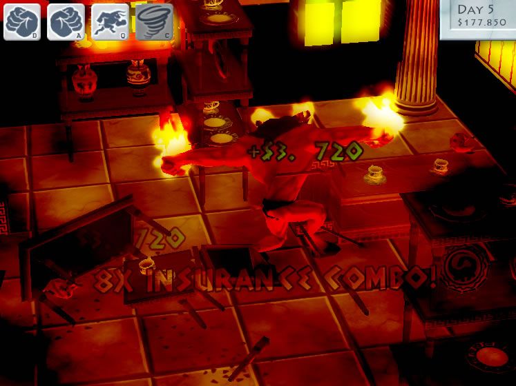 Minotaur China Shop (Browser) screenshot: Enough... security arrives and shoots arrows to bring the minotaur down.