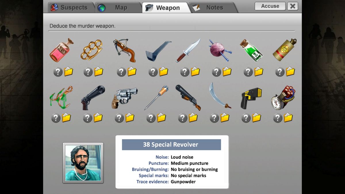 Unlikely Suspects (Windows) screenshot: These are the possible murder weapons