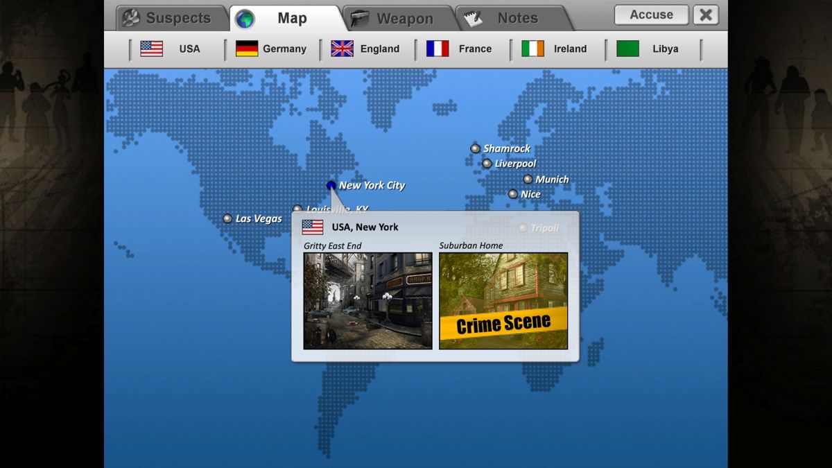 Unlikely Suspects (Windows) screenshot: Playing the game: Players travel to locations via this screen. The first task is to check out the crime scene.