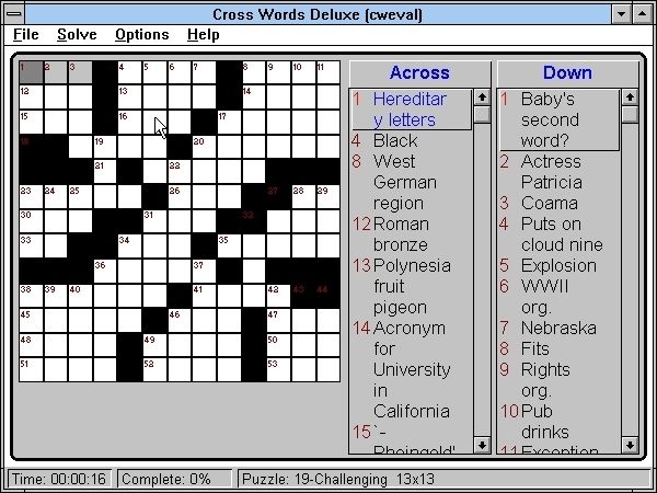 Cross Words Deluxe (Windows 16-bit) screenshot: There are four different ways of displaying the clues