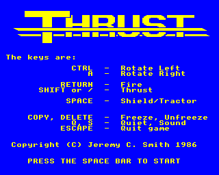 Thrust (Electron) screenshot: Title page with keyboard controls