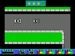 Super Cars (ZX Spectrum) screenshot: The race is about to start. All racing is top down and the whole track is never visible