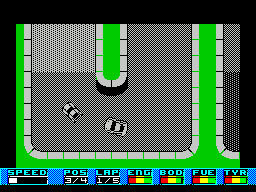 Super Cars (ZX Spectrum) screenshot: Whether the red, white, or blue car is chosen, in the game all the cars are white