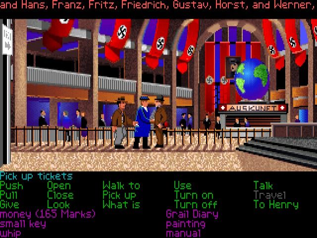 Indiana Jones and the Last Crusade: The Graphic Adventure (Windows) screenshot: Indy's acquiring the tickets while his father is distracting one of the passengers