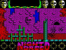 Clive Barker's Nightbreed: The Action Game (ZX Spectrum) screenshot: Another of the Nightbreed. This one I think is the Fatman - poisonous to touch. He jumps on Boone like a giant toad. Boone cannot jump over him and must run away