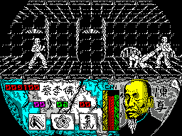 Choy-Lee-Fut Kung-Fu Warrior (ZX Spectrum) screenshot: Staying in the middle of the screen means being attacked by both opponents. An opponent seems to only come past the centre line if their comrade is forced off-screen