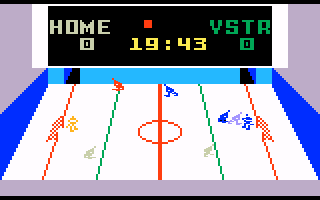 Slap Shot: Super Pro Hockey (Intellivision) screenshot: Red player headed for the Sin Bin (penalty box)