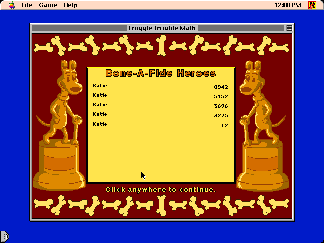 Troggle Trouble Math (Macintosh) screenshot: High scores.